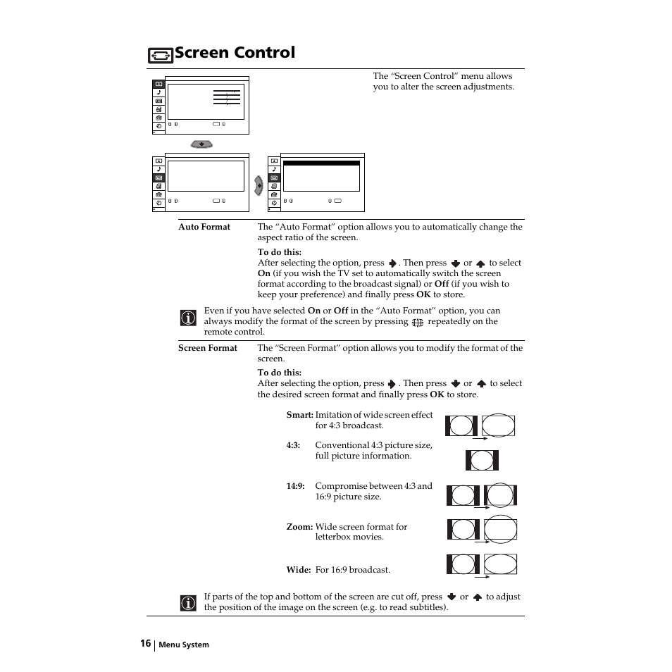 Screen control, Bildschirm einstellen, Control de pantalla | Commande écran | Sony KZ-32TS1E User Manual | Page 16 / 135