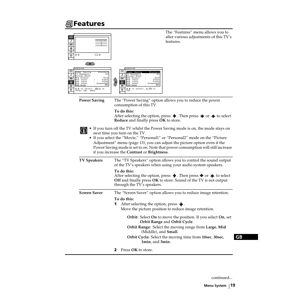 Features, Funktionen, Características | Fonctions, Then press or, Continued | Sony KZ-32TS1E User Manual | Page 19 / 135