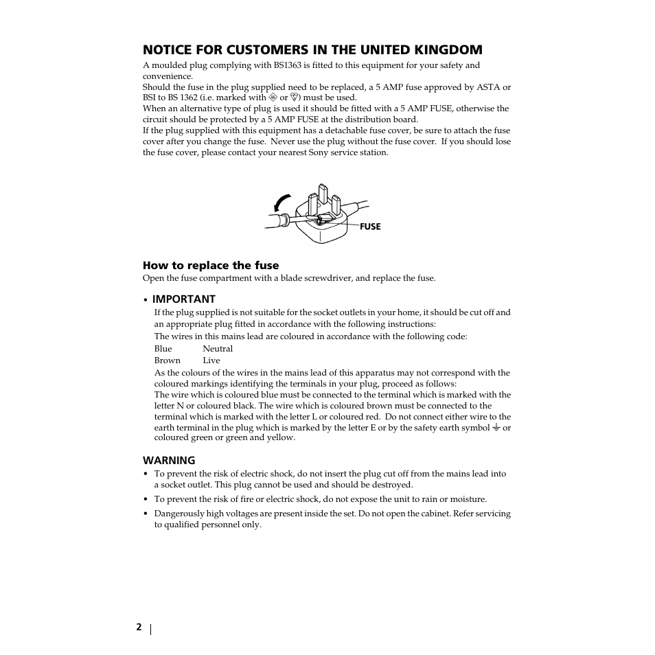 Notice for customers in the united kingdom | Sony KZ-32TS1E User Manual | Page 2 / 135