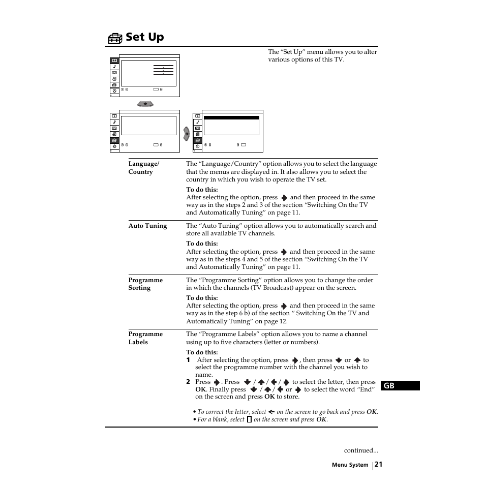 Set up, Grundeinstellungen, Configuración | Réglage | Sony KZ-32TS1E User Manual | Page 21 / 135