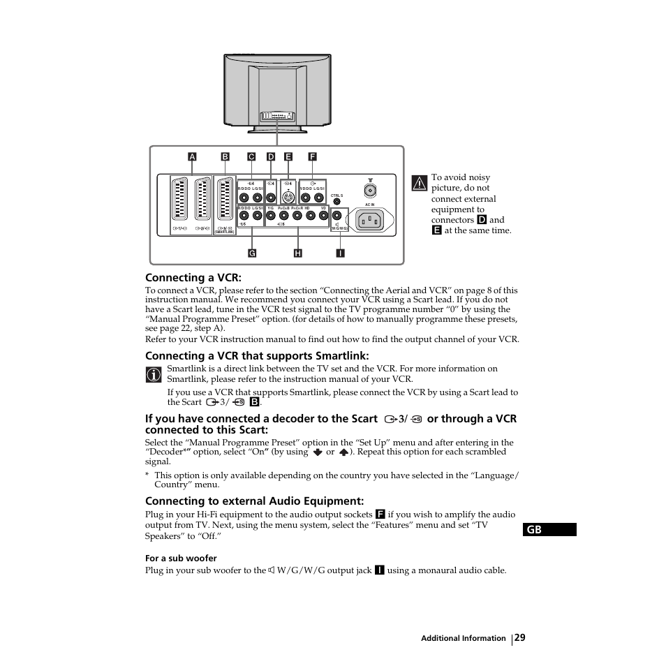 Gb connecting a vcr, 3/ or through a vcr connected to this scart, Connecting to external audio equipment | Sony KZ-32TS1E User Manual | Page 29 / 135