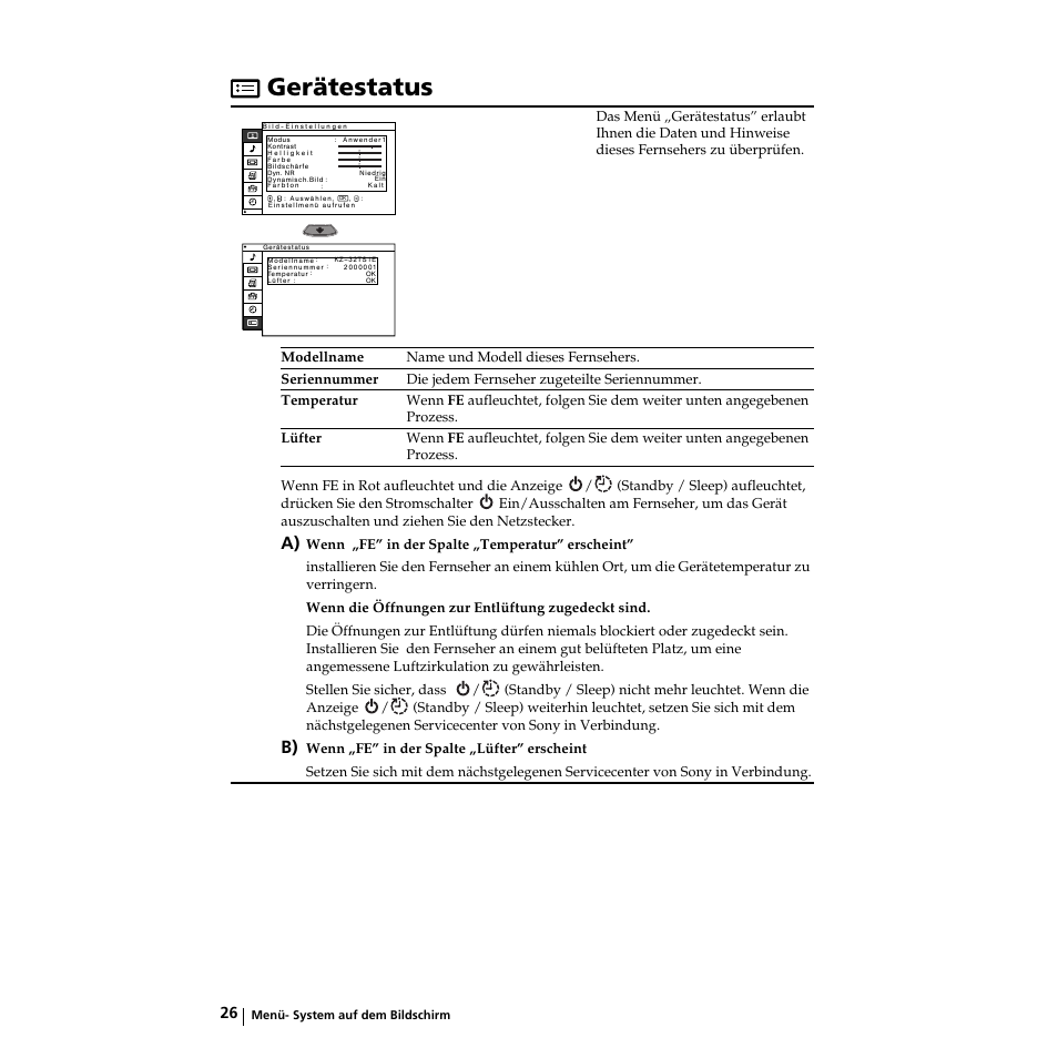 Gerätestatus | Sony KZ-32TS1E User Manual | Page 59 / 135