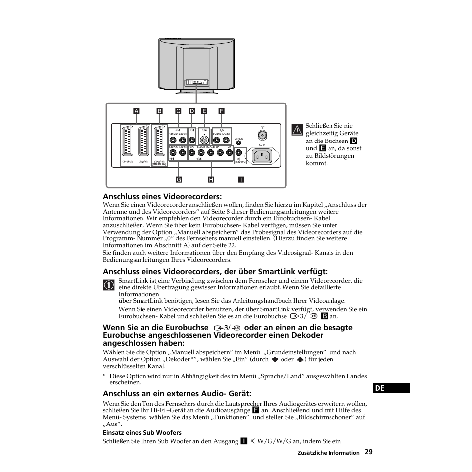 De anschluss eines videorecorders, Anschluss an ein externes audio- gerät | Sony KZ-32TS1E User Manual | Page 62 / 135