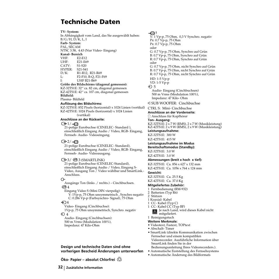 Technische daten, Especificaciones, Spécifications | Sony KZ-32TS1E User Manual | Page 65 / 135