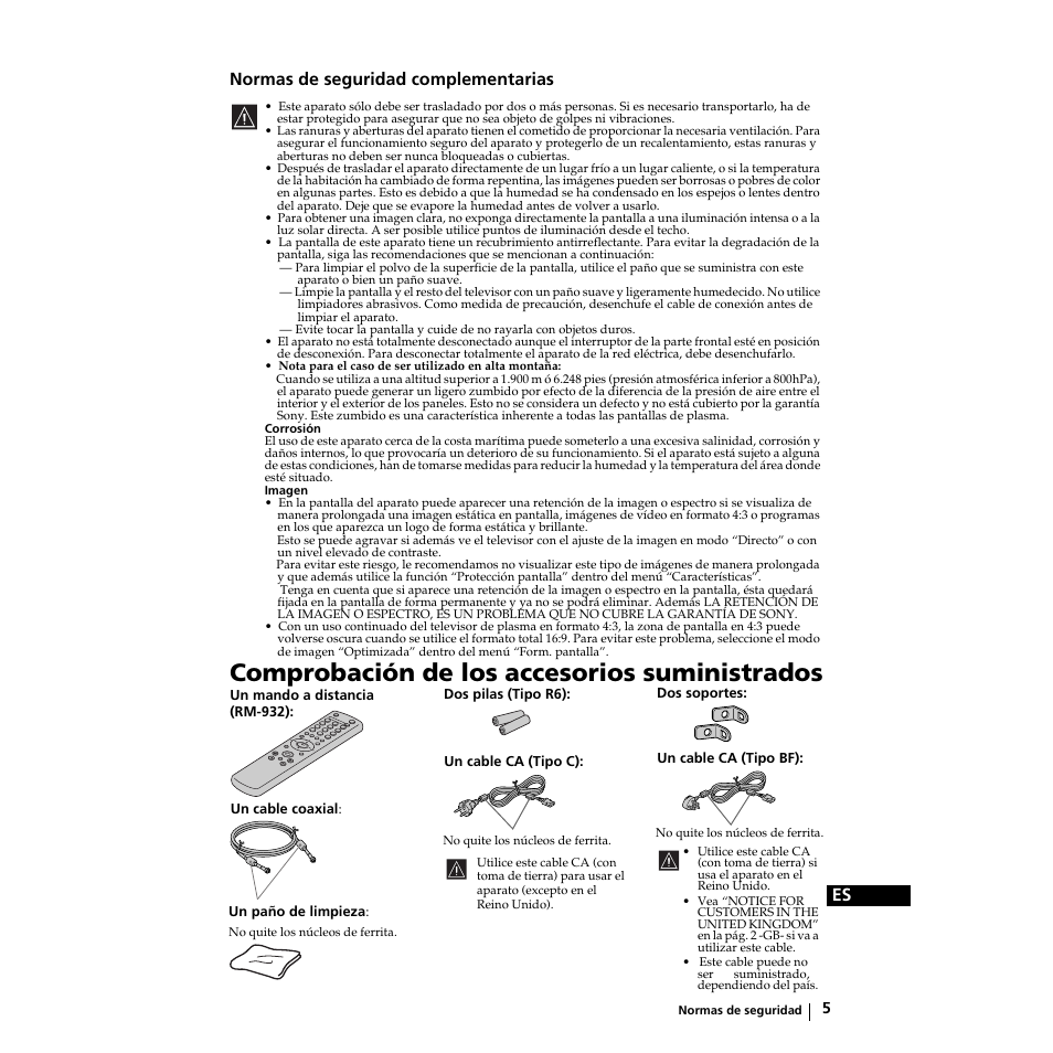 Comprobación de los accesorios suministrados, Es normas de seguridad complementarias | Sony KZ-32TS1E User Manual | Page 70 / 135