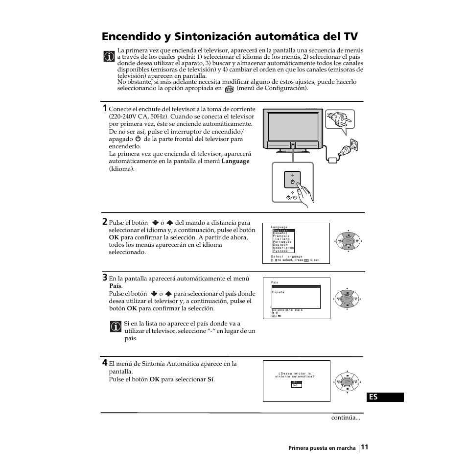 Encendido y sintonización automática del tv | Sony KZ-32TS1E User Manual | Page 76 / 135