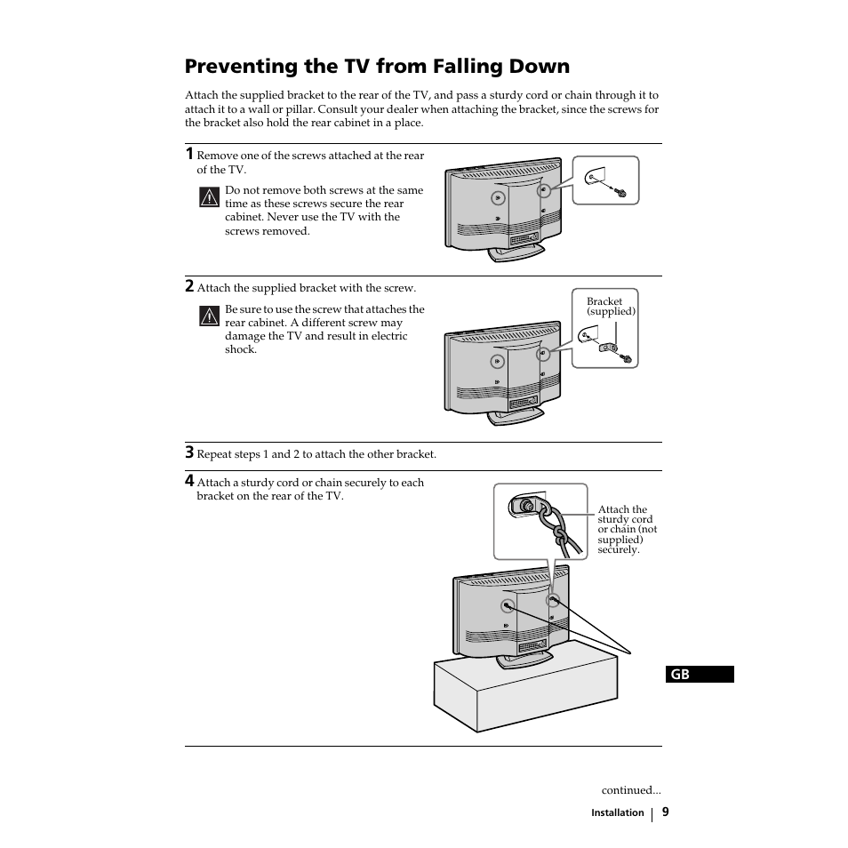 Preventing the tv from falling down, Prevención de caída del televisor | Sony KZ-32TS1E User Manual | Page 9 / 135