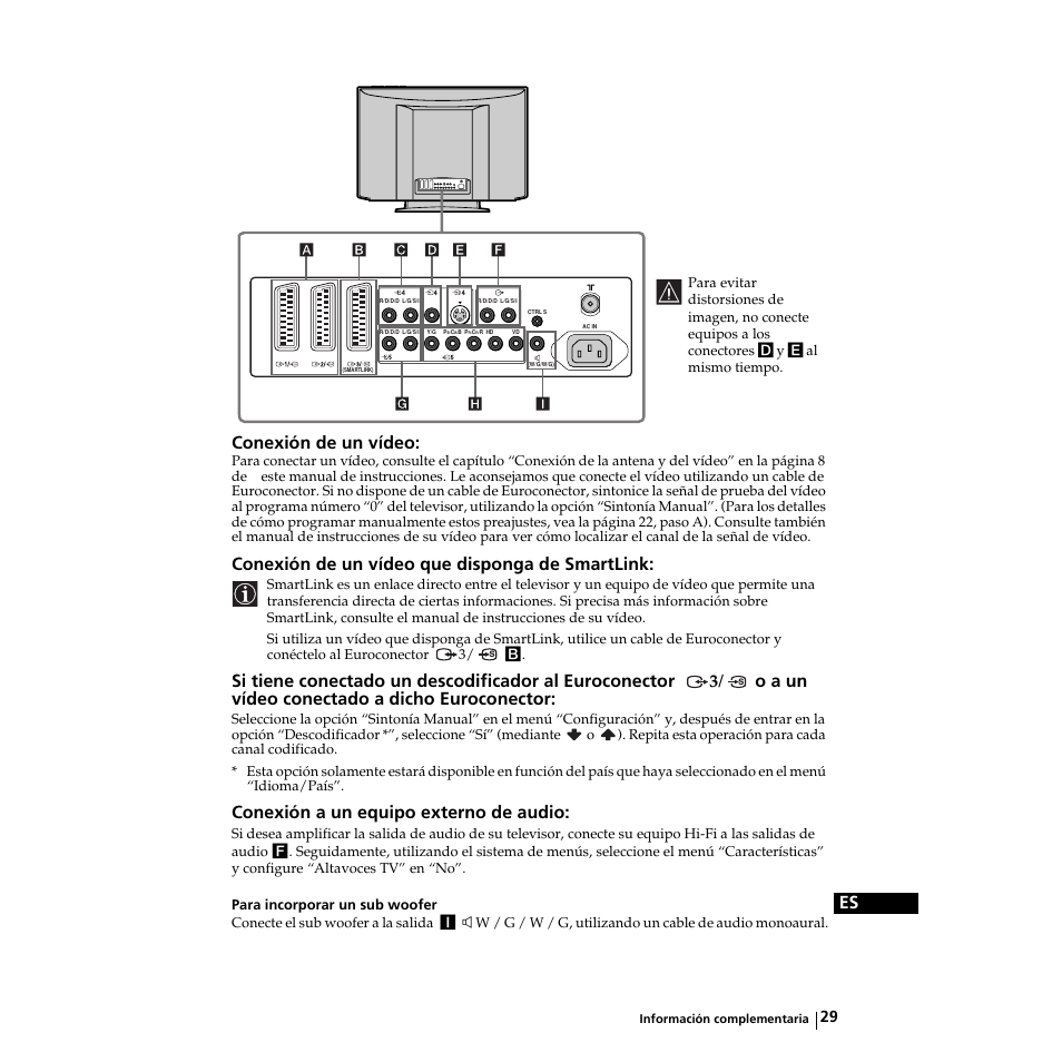 Es conexión de un vídeo, 3/ o a un vídeo conectado a dicho euroconector, Conexión a un equipo externo de audio | Sony KZ-32TS1E User Manual | Page 94 / 135