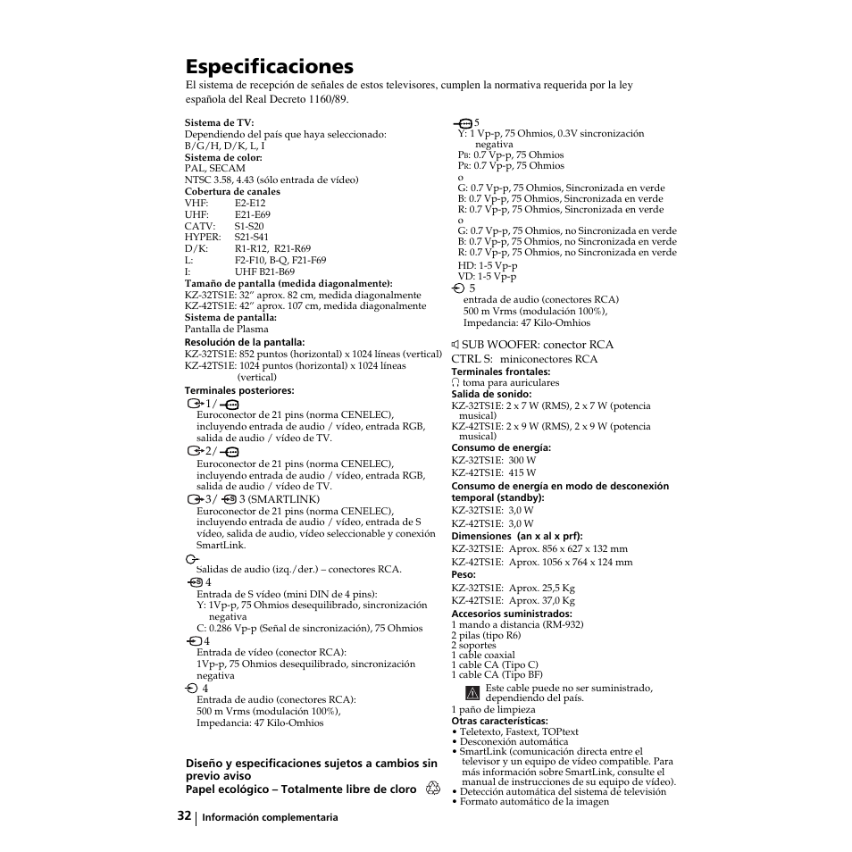 Especificaciones | Sony KZ-32TS1E User Manual | Page 97 / 135