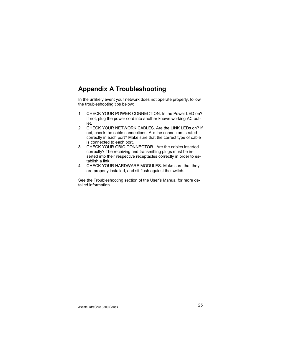 Appendix a troubleshooting | Asante Technologies 3500 User Manual | Page 25 / 36