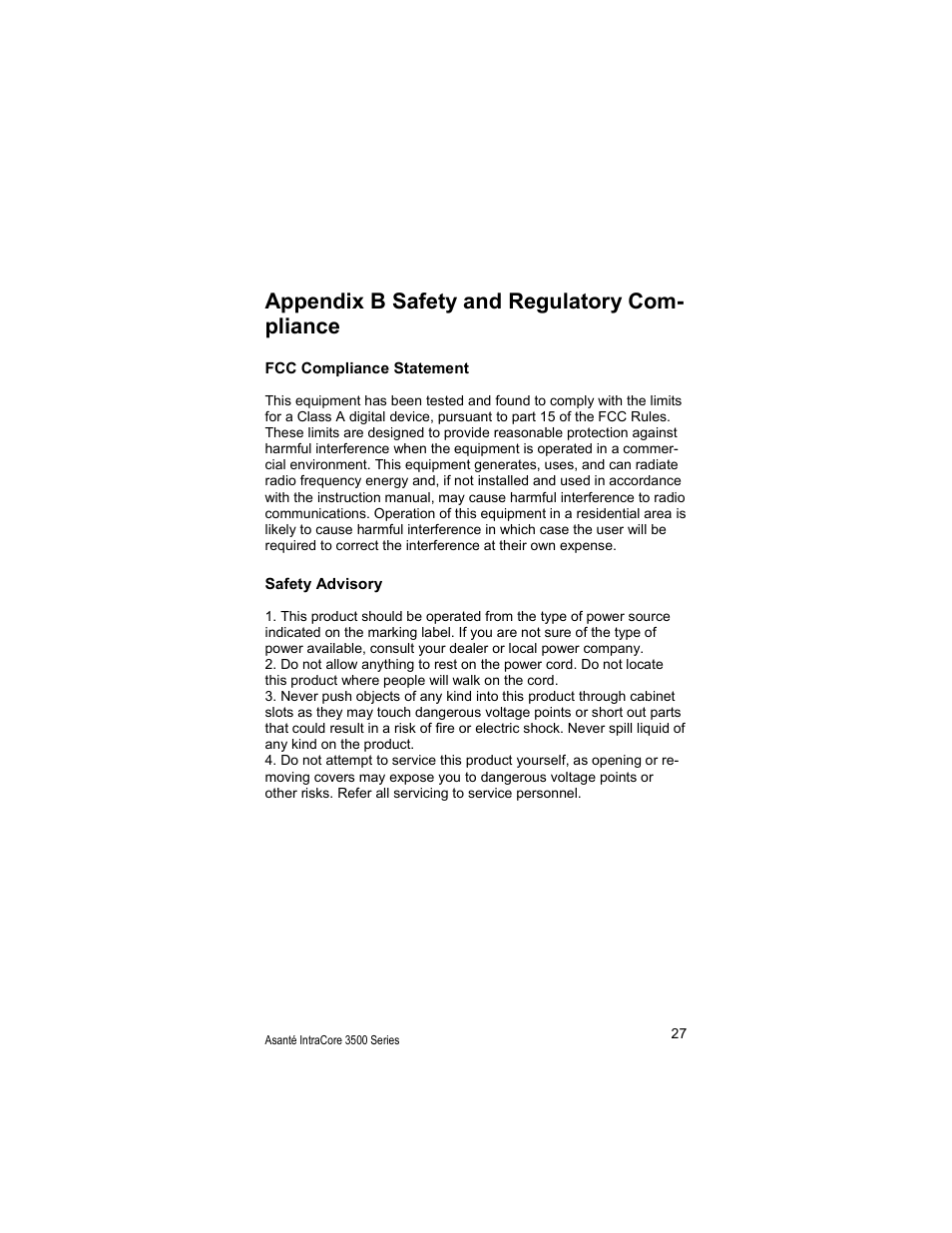 Appendix b safety and regulatory com- pliance | Asante Technologies 3500 User Manual | Page 27 / 36