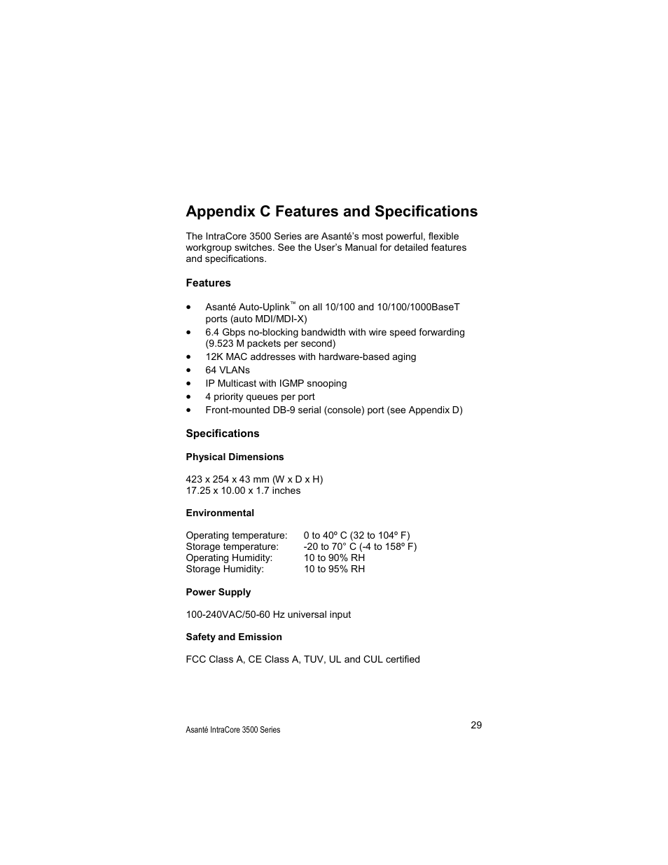 Appendix c features and specifications | Asante Technologies 3500 User Manual | Page 29 / 36