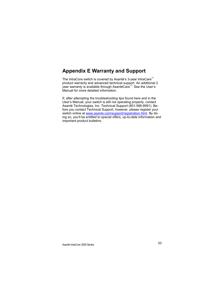 Appendix e warranty and support | Asante Technologies 3500 User Manual | Page 33 / 36