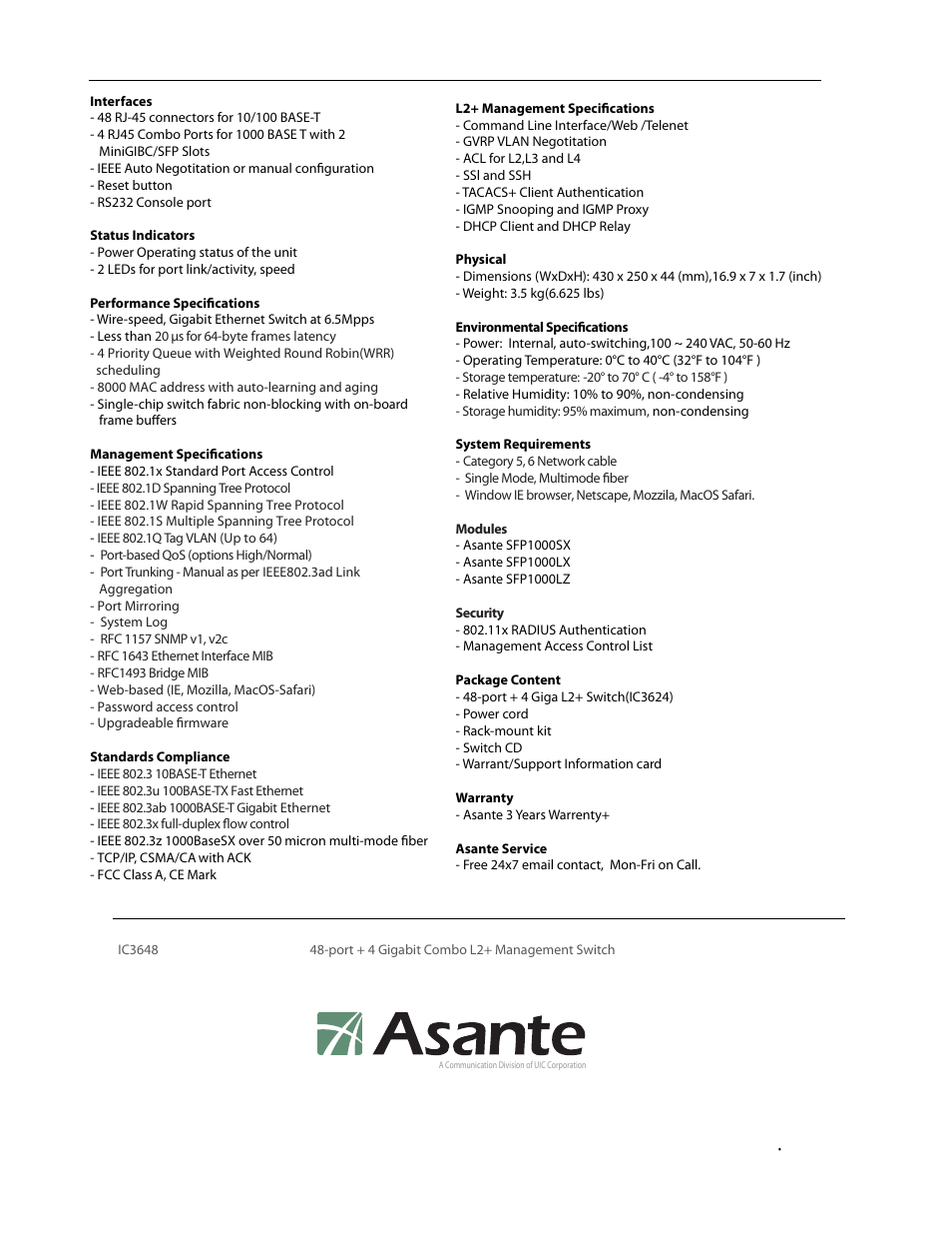 Ic3648_ds_02_040208, Technical specifications, Ordering information | Asante Technologies IntraCore IC3648 User Manual | Page 2 / 2