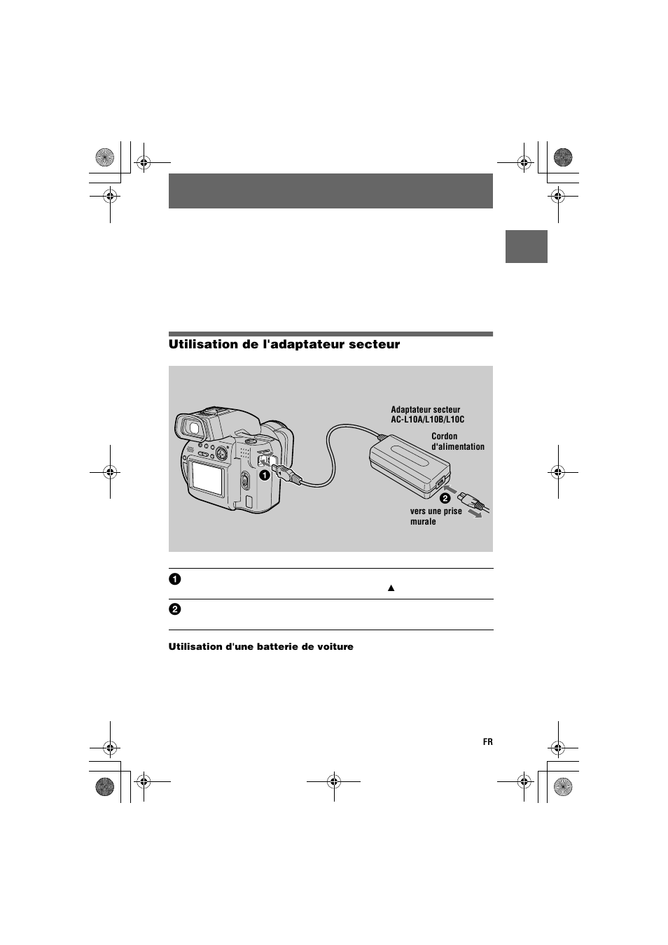 Utilisation de l'adaptateur secteur | Sony MVC-CD1000 User Manual | Page 11 / 156