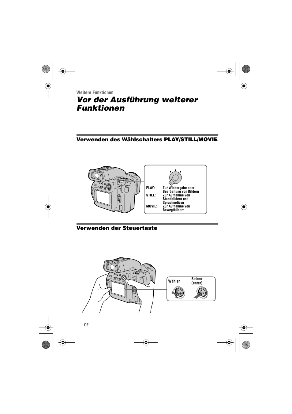 Verwenden des wählschalters play/still/movie, Verwenden der steuertaste, Weitere funktionen | Vor der ausführung weiterer funktionen | Sony MVC-CD1000 User Manual | Page 116 / 156