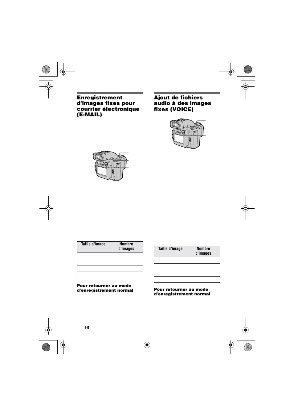 Ajout de fichiers audio à des images fixes (voice), Enregistrement d'images fixes, Pour courrier électronique (e-mail) | Ajout de fichiers audio à des, Images fixes (voice) | Sony MVC-CD1000 User Manual | Page 48 / 156