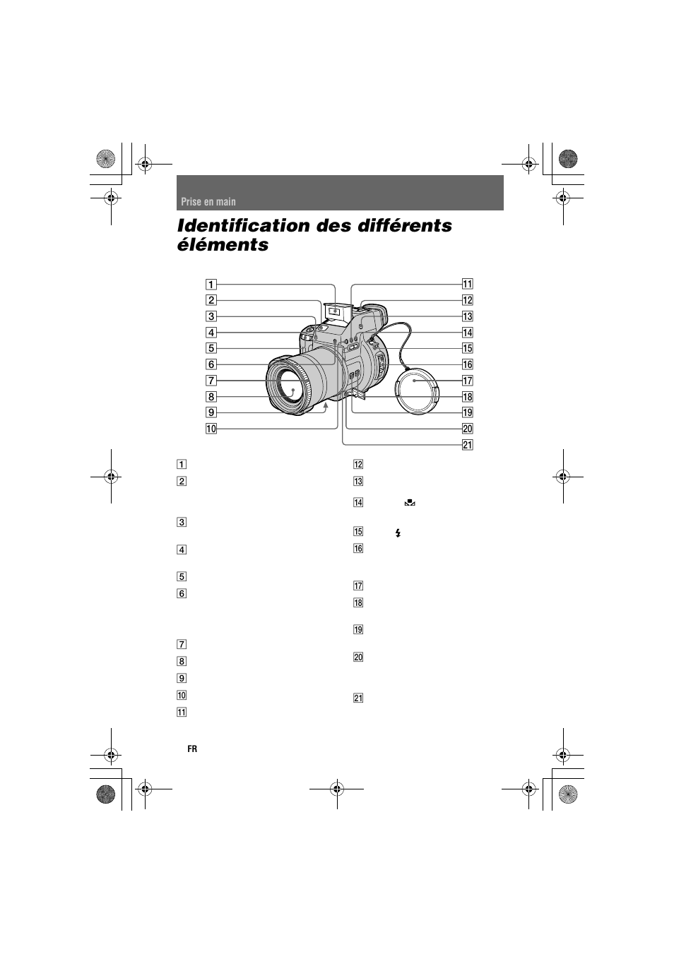 Identification des différents éléments, Identification des différents, Éléments | Prise en main | Sony MVC-CD1000 User Manual | Page 6 / 156