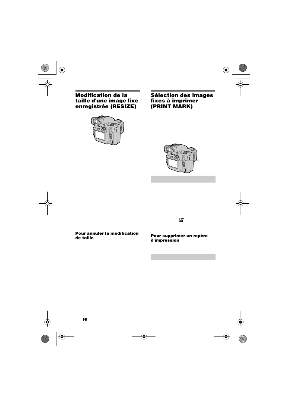 Sélection des images fixes à imprimer (print mark), En mode unique, En mode index | Modification de la taille d'une image, Fixe enregistrée (resize), Sélection des images fixes, À imprimer (print mark) | Sony MVC-CD1000 User Manual | Page 62 / 156