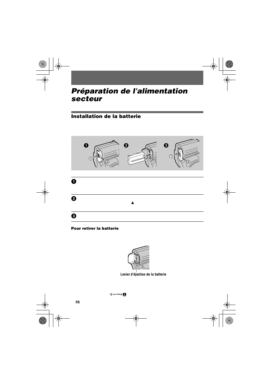 Préparation de l'alimentation secteur, Installation de la batterie, Préparation de l'alimentation | Secteur, Re) (8) | Sony MVC-CD1000 User Manual | Page 8 / 156