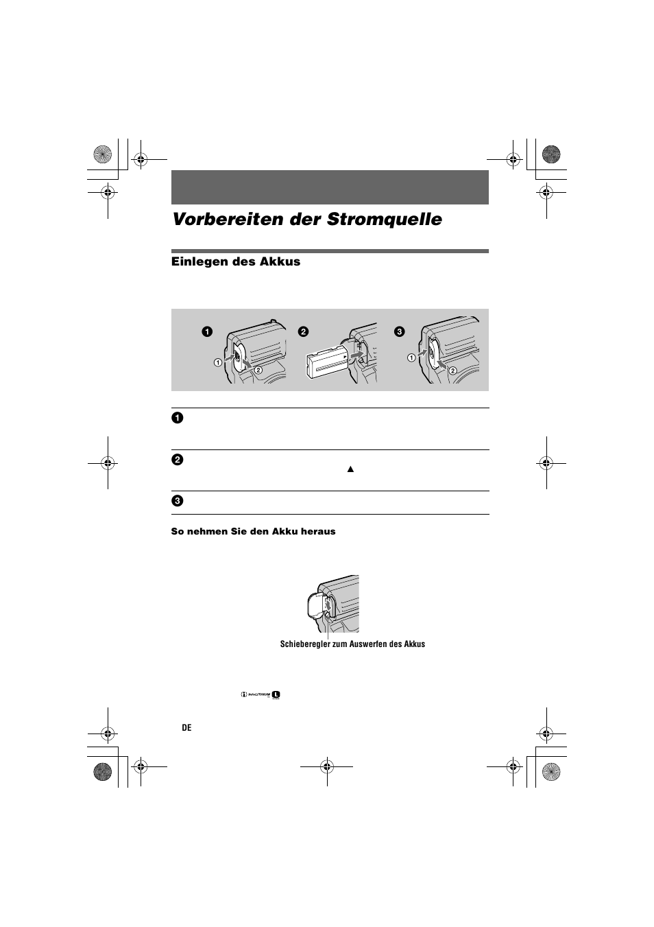 Vorbereiten der stromquelle, Einlegen des akkus, Te) (8) | Sony MVC-CD1000 User Manual | Page 84 / 156