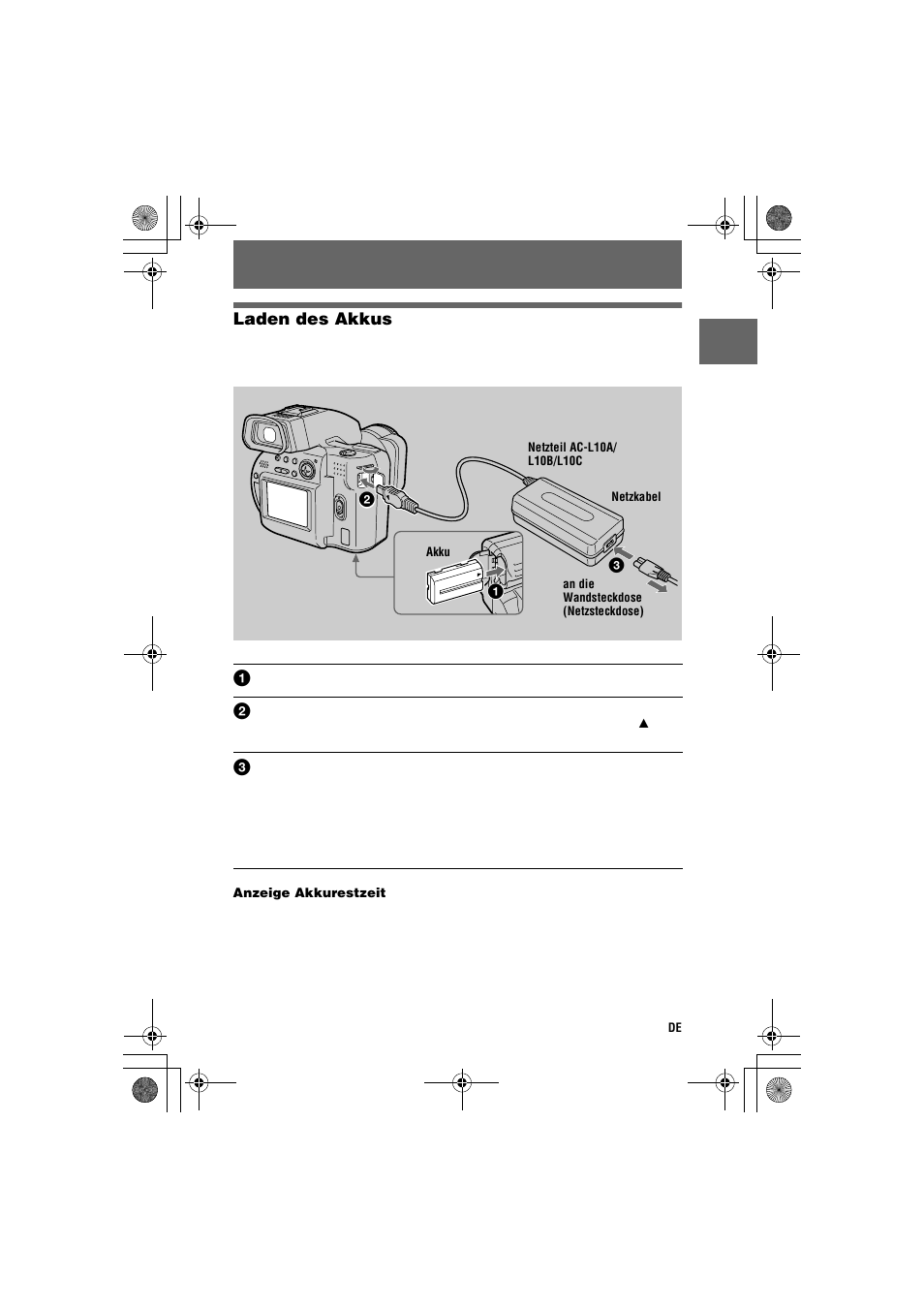 Laden des akkus, E (9) | Sony MVC-CD1000 User Manual | Page 85 / 156