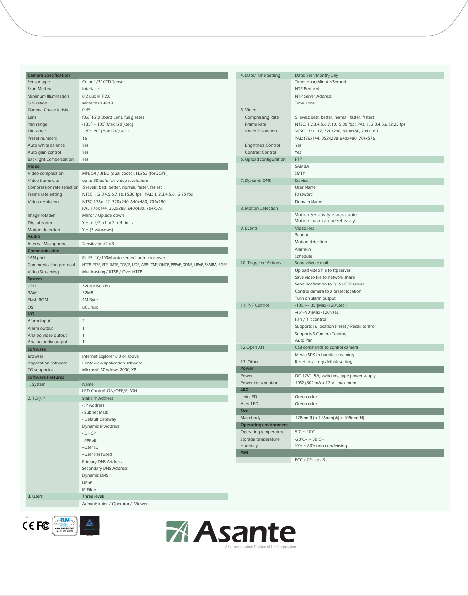 Netcam8001_v1.02, Network camera, Securenet netcam series | Specifications, Mpeg4/mjpeg | Asante Technologies Network Camera 8001 User Manual | Page 2 / 2
