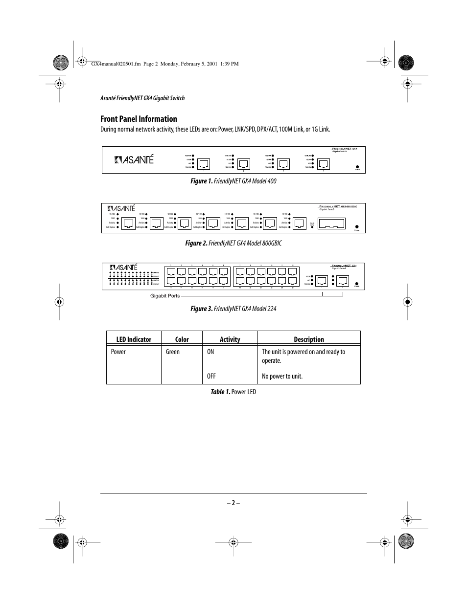 Front panel information | Asante Technologies GX4-800GBIC User Manual | Page 2 / 8