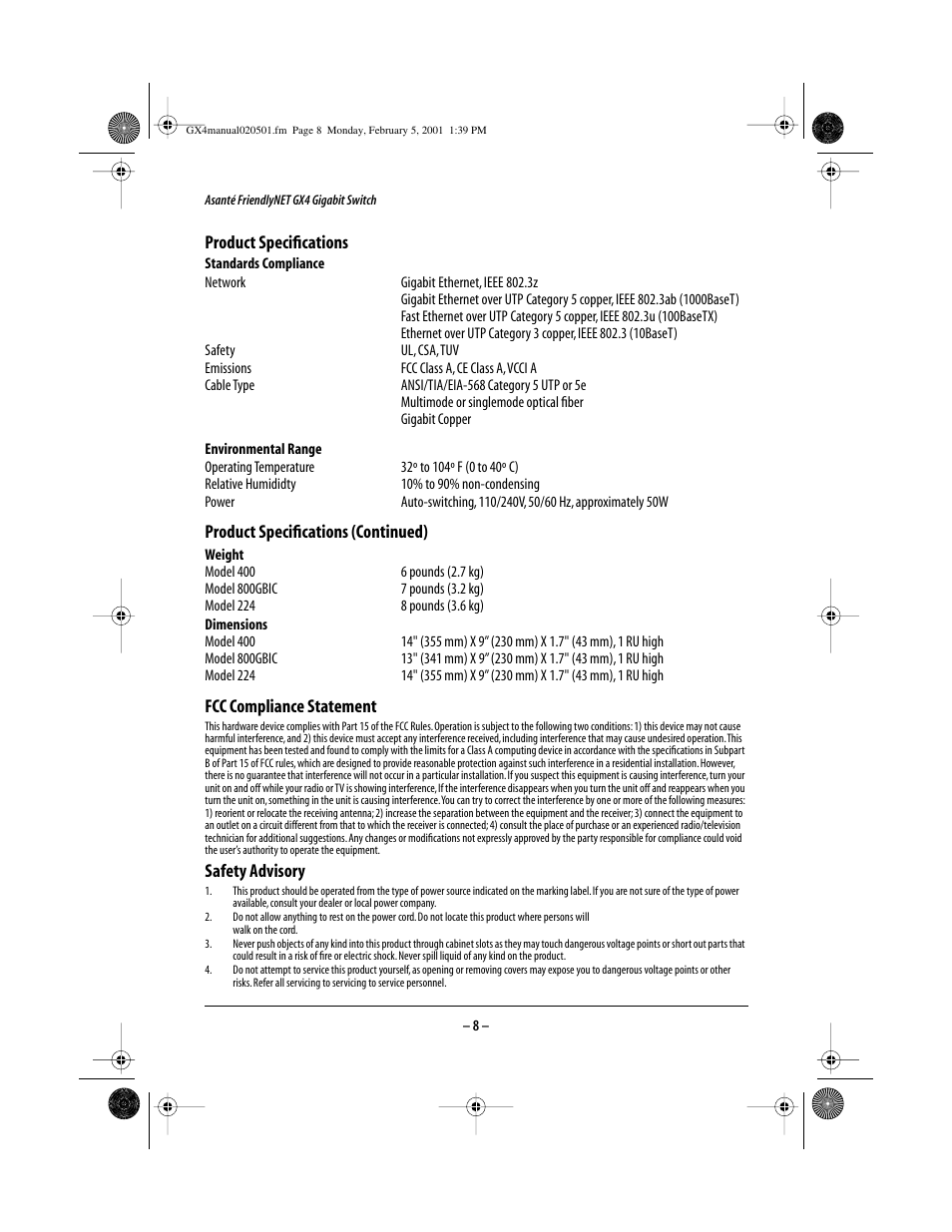 Asante Technologies GX4-800GBIC User Manual | Page 8 / 8