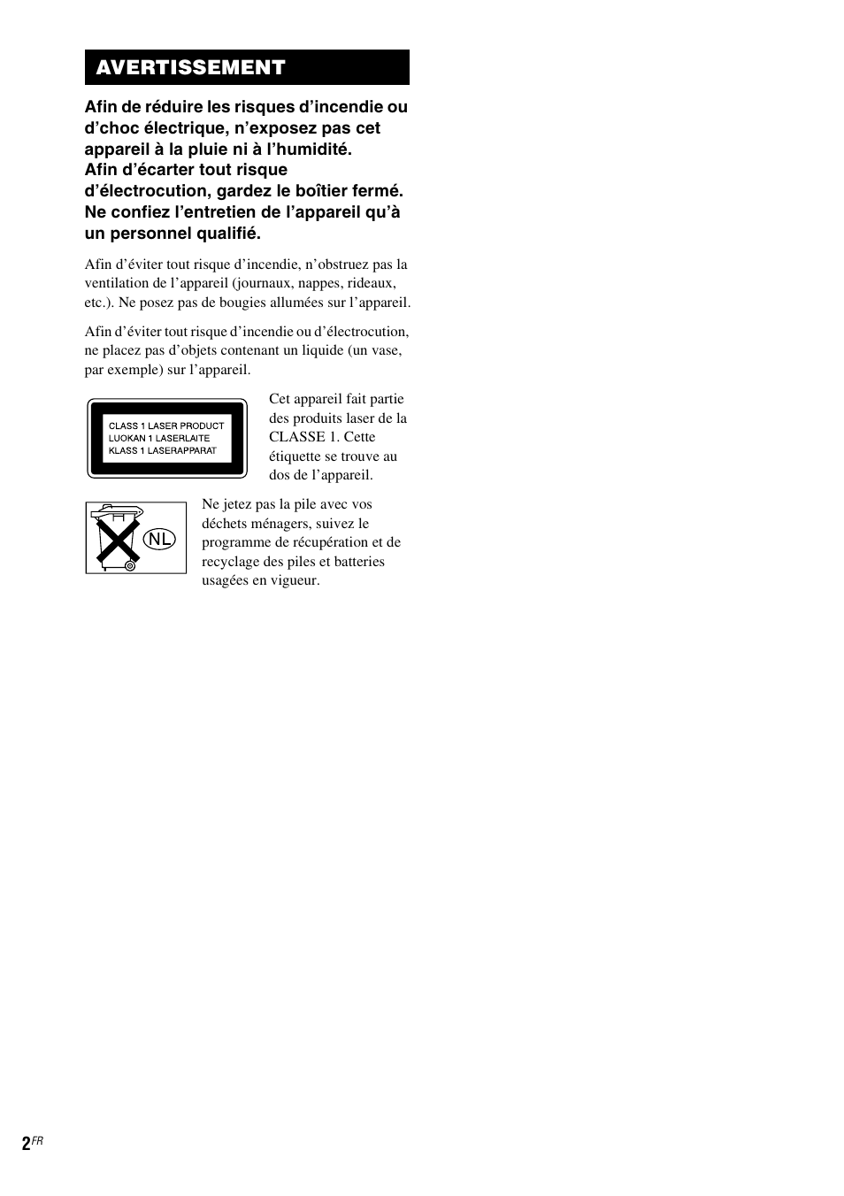 Avertissement | Sony SCD-CE595 User Manual | Page 26 / 100