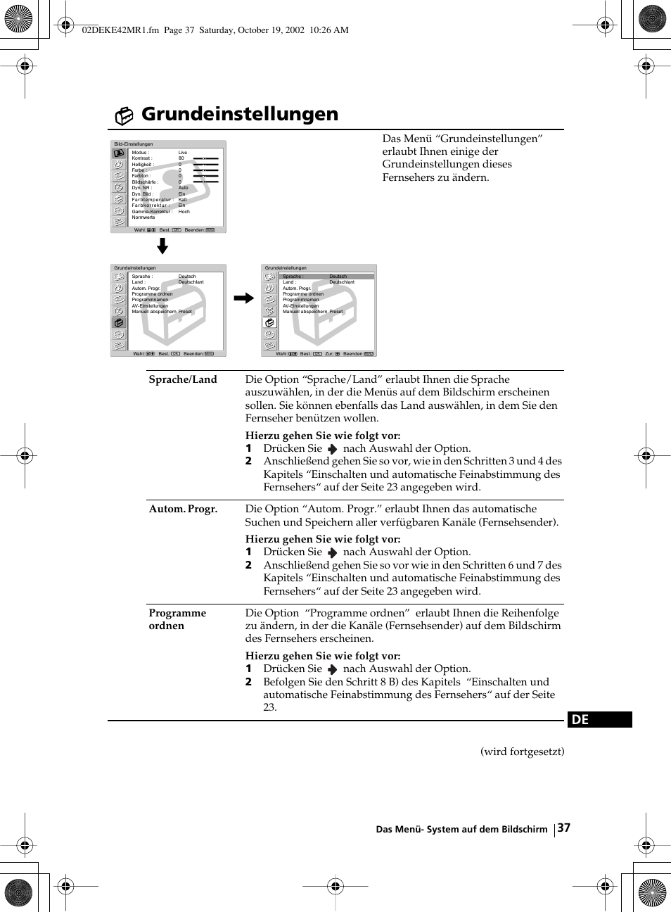 Grundeinstellungen, Wird fortgesetzt) | Sony KE-42MR1 User Manual | Page 113 / 305