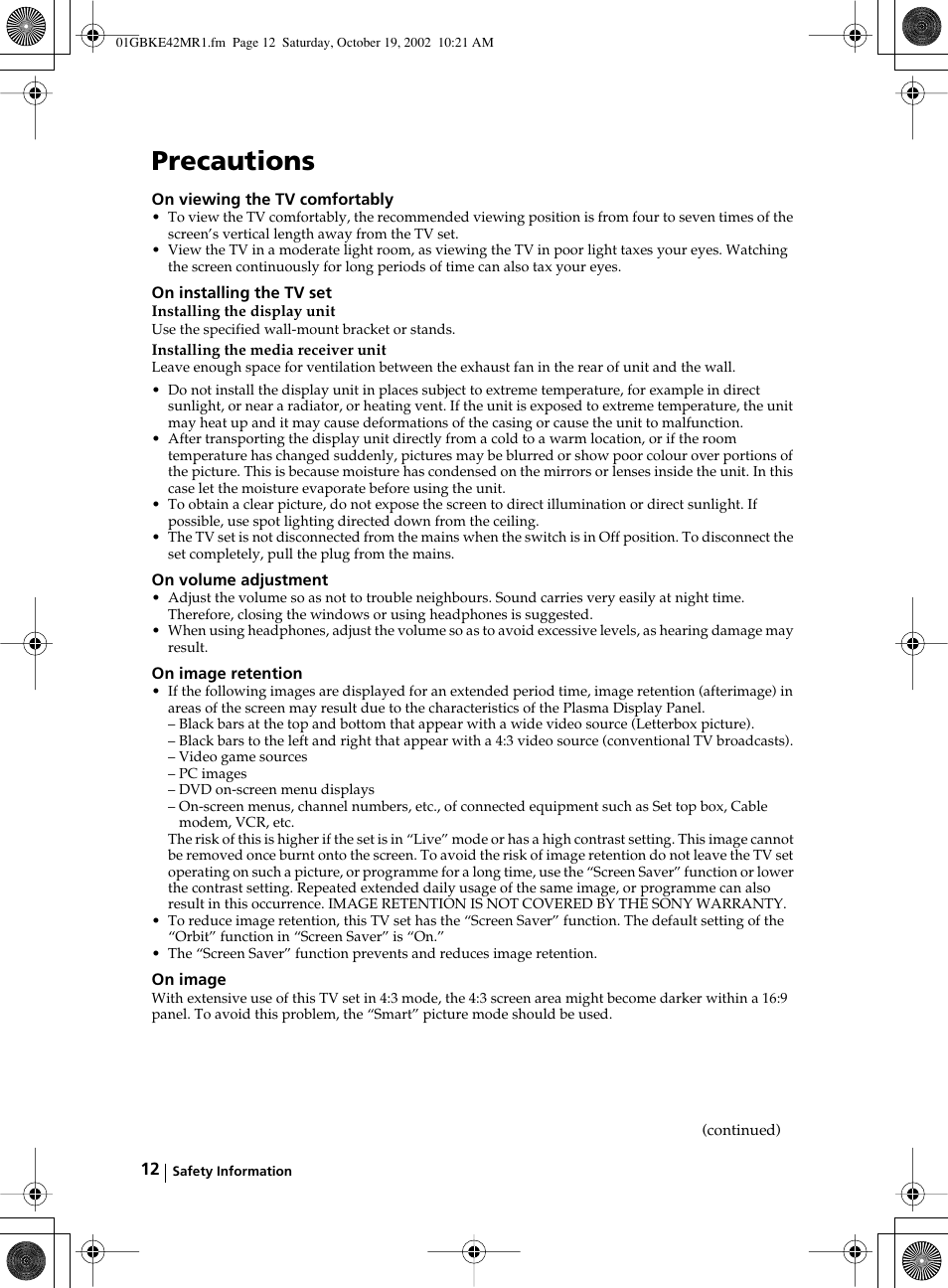 Precautions | Sony KE-42MR1 User Manual | Page 12 / 305