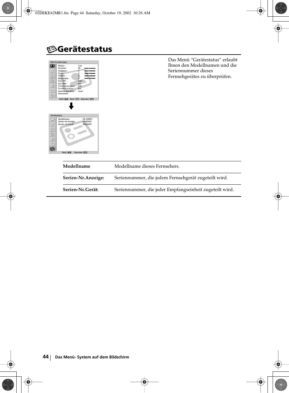 Gerätestatus | Sony KE-42MR1 User Manual | Page 120 / 305