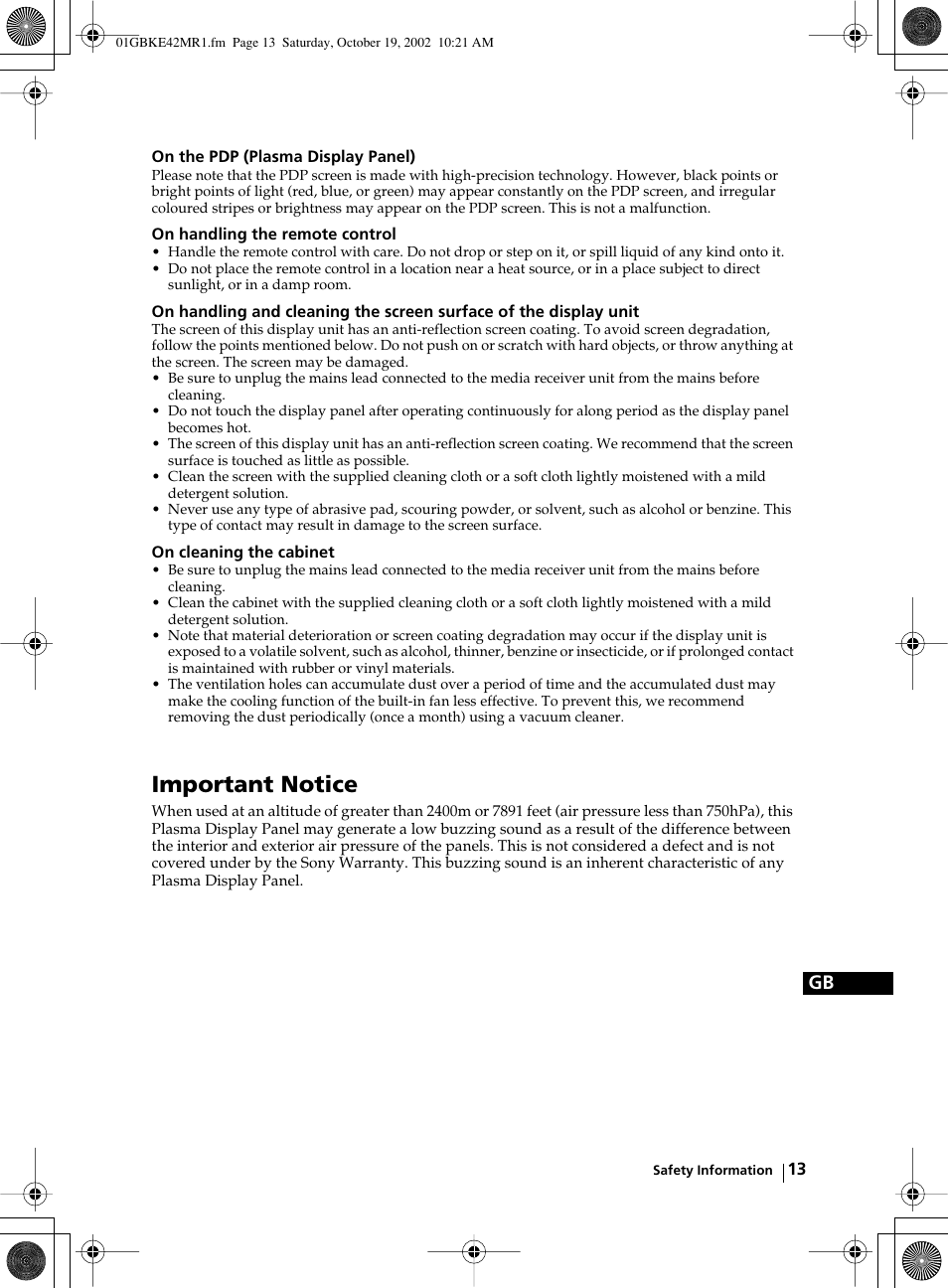 Important notice | Sony KE-42MR1 User Manual | Page 13 / 305