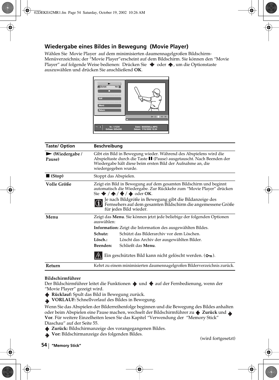 Wiedergabe eines bildes in bewegung (movie player) | Sony KE-42MR1 User Manual | Page 130 / 305