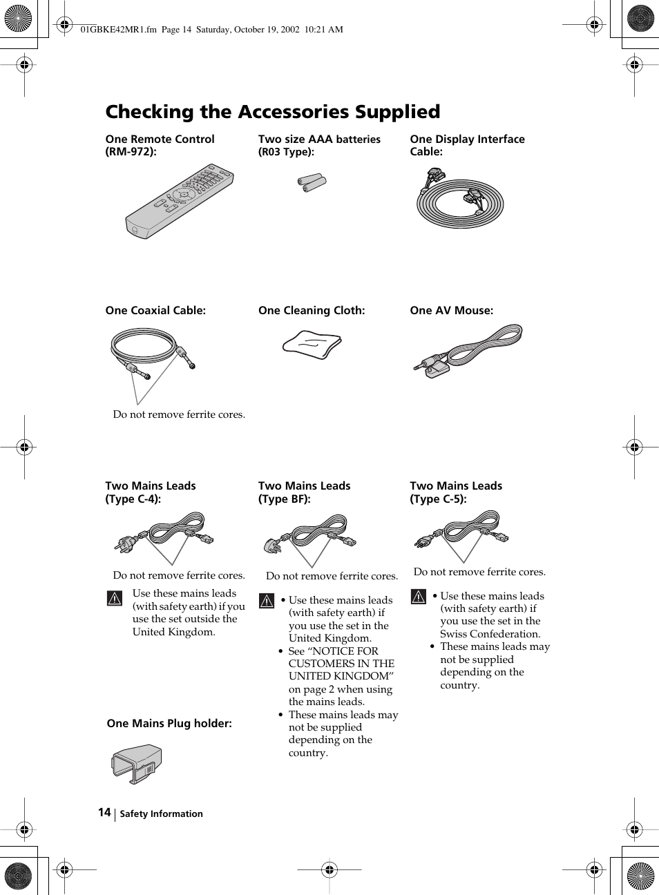 Checking the accessories supplied | Sony KE-42MR1 User Manual | Page 14 / 305