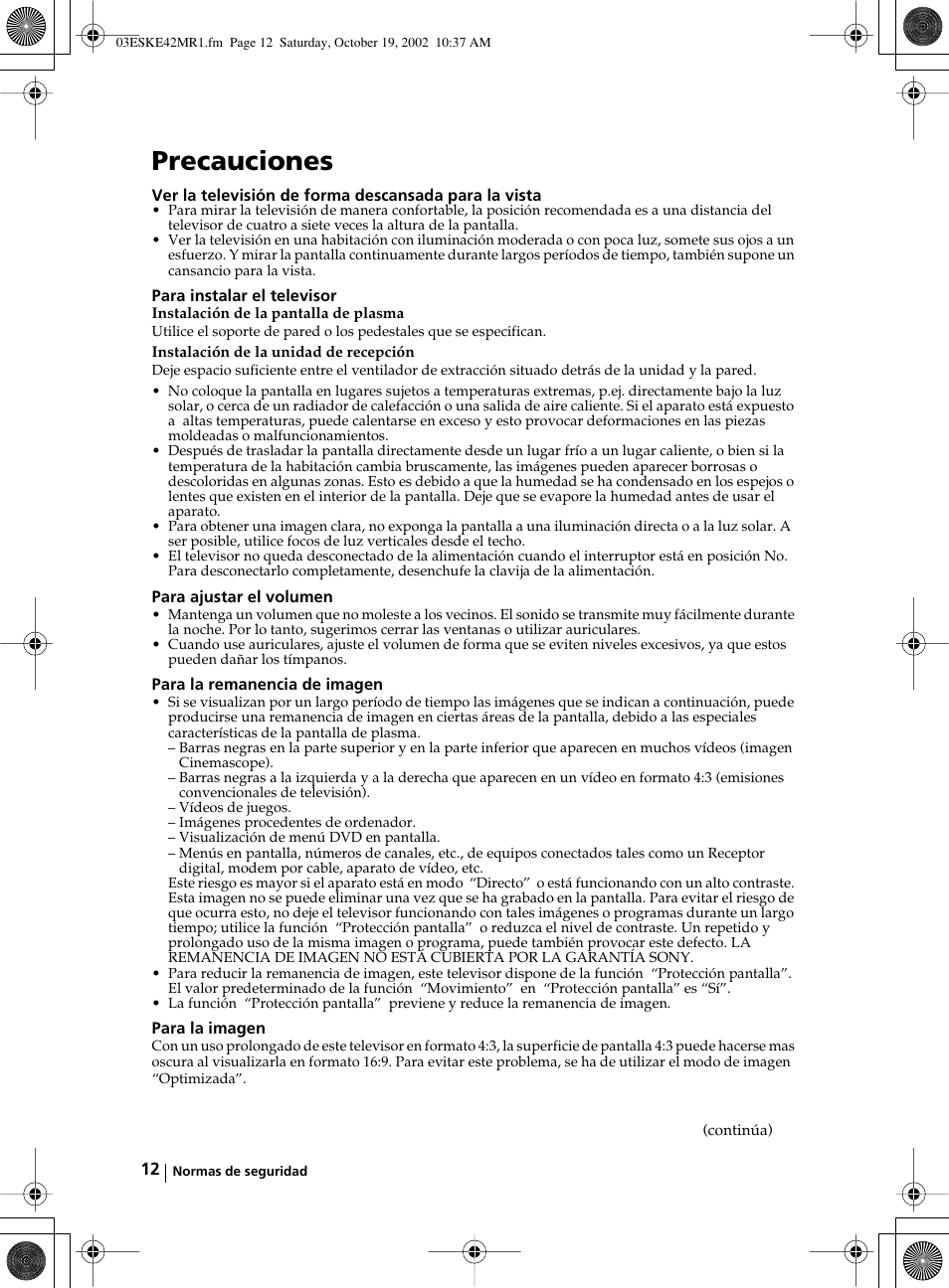 Precauciones | Sony KE-42MR1 User Manual | Page 163 / 305