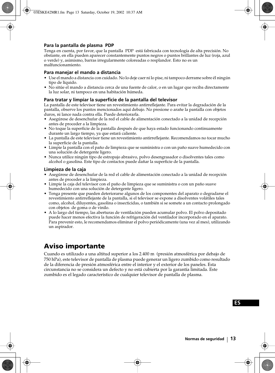 Aviso importante | Sony KE-42MR1 User Manual | Page 164 / 305