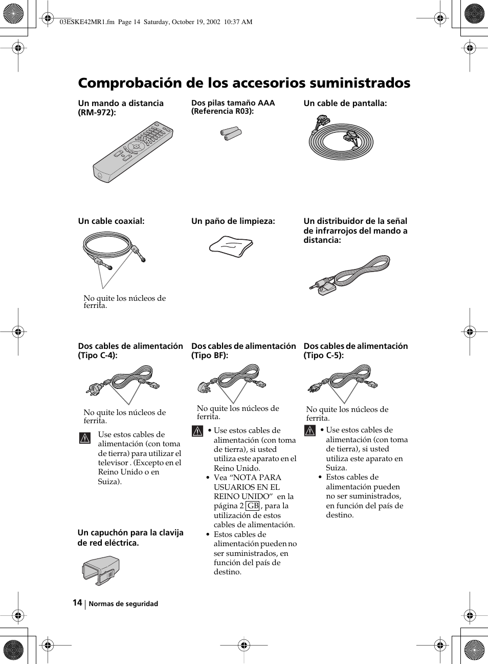 Comprobación de los accesorios suministrados | Sony KE-42MR1 User Manual | Page 165 / 305
