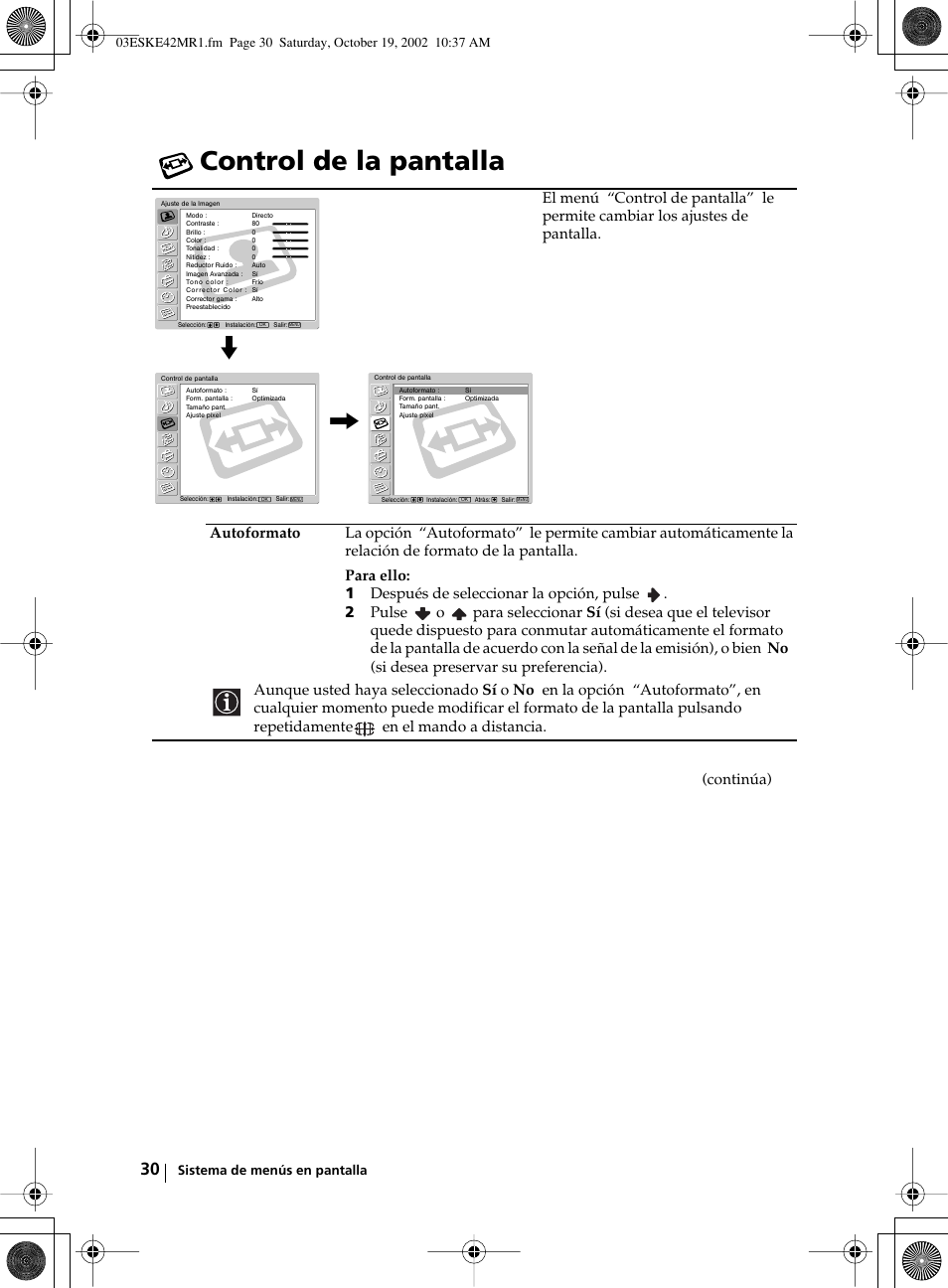 Control de la pantalla, Continúa) | Sony KE-42MR1 User Manual | Page 181 / 305