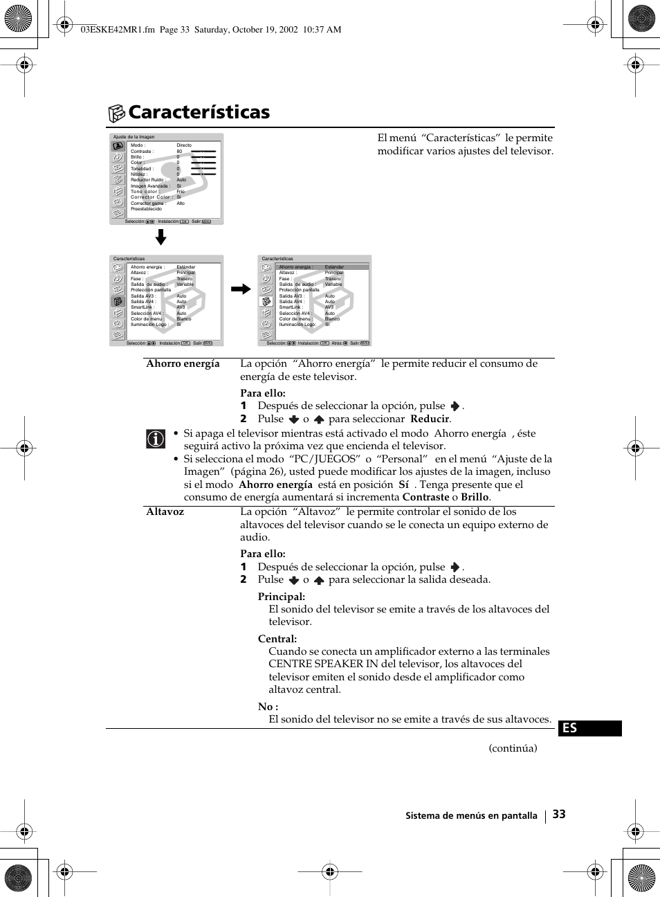 Características, Continúa) | Sony KE-42MR1 User Manual | Page 184 / 305