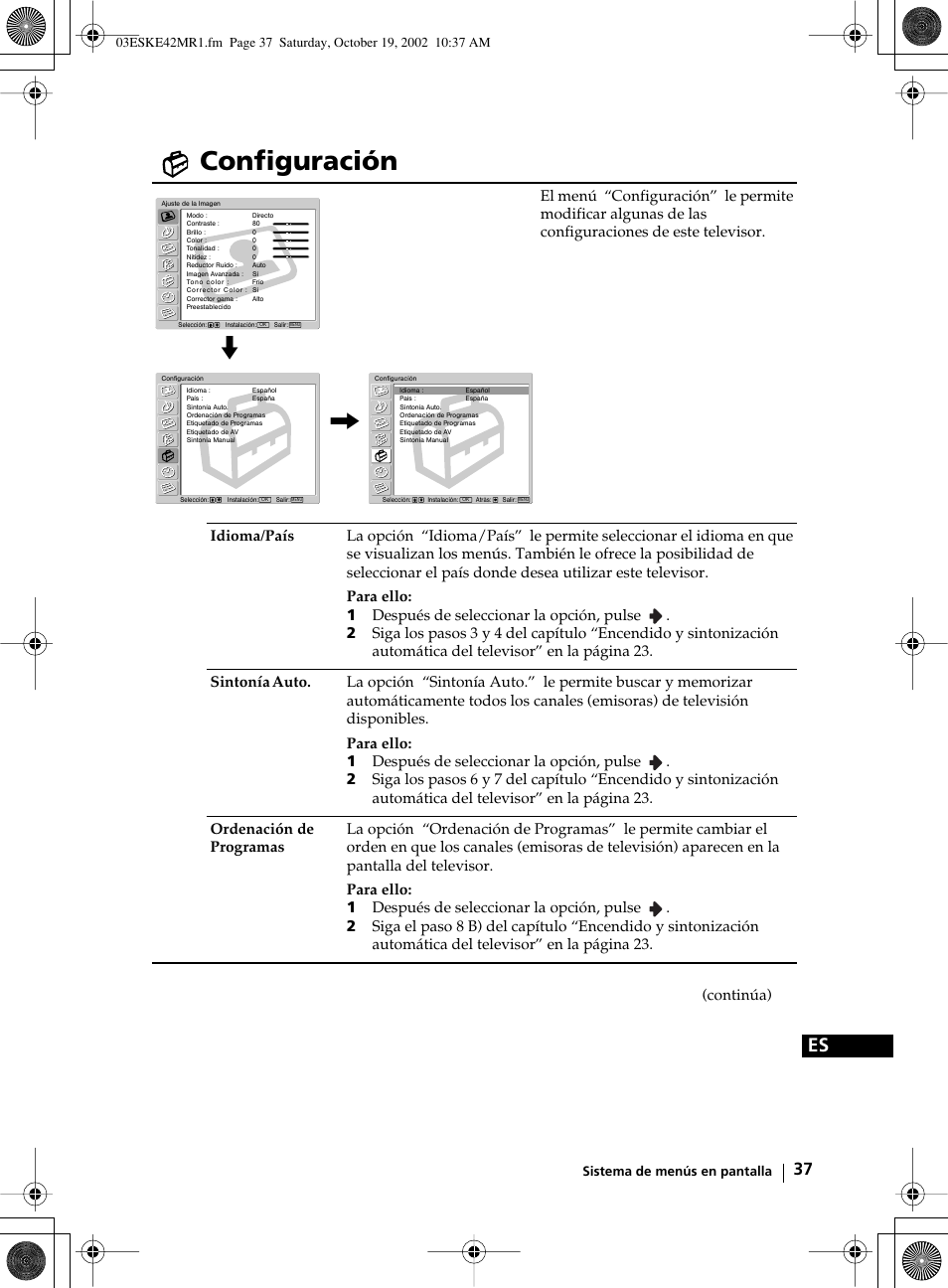 Configuración, Continúa) | Sony KE-42MR1 User Manual | Page 188 / 305