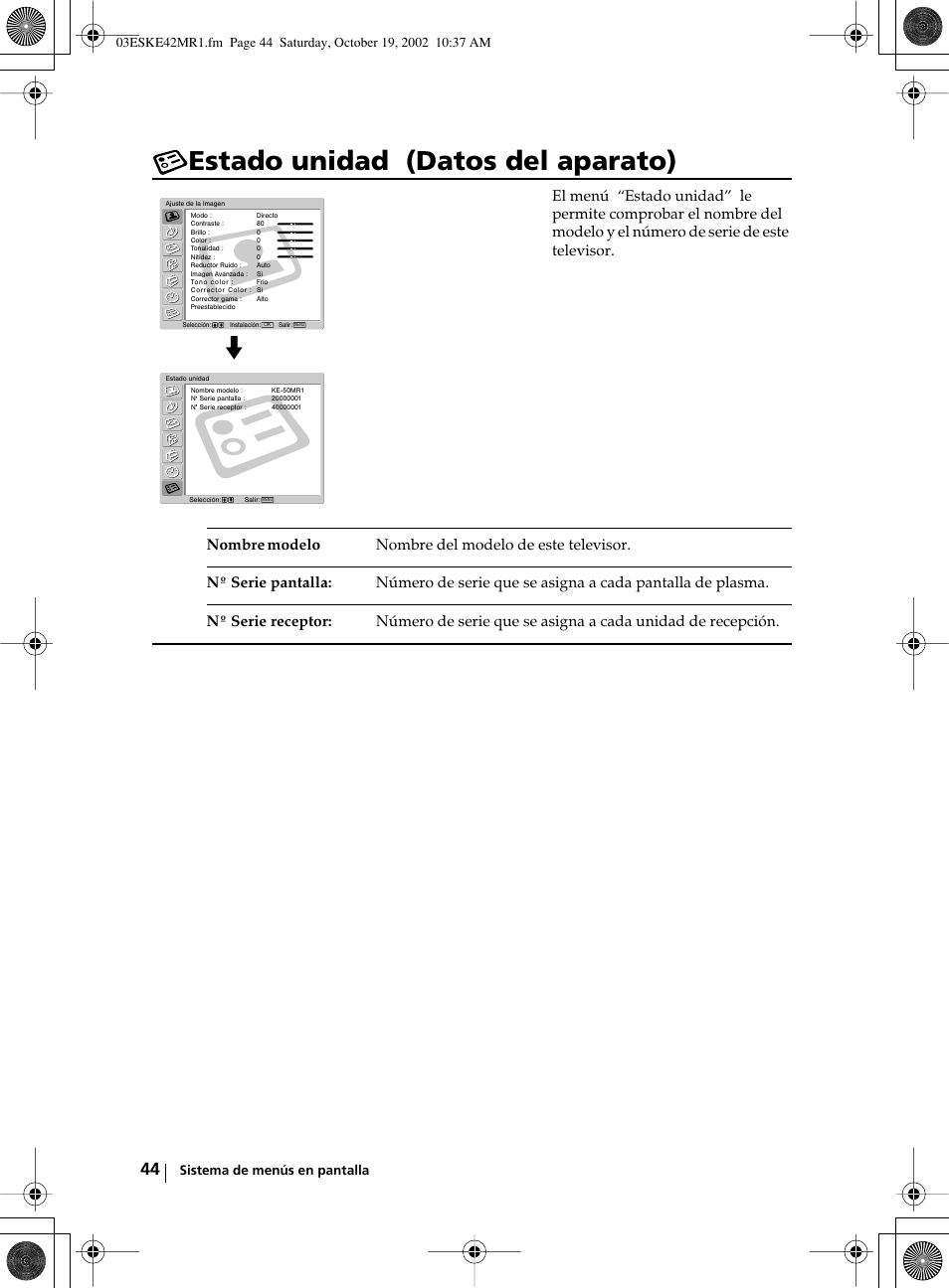 Estado unidad (datos del aparato) | Sony KE-42MR1 User Manual | Page 195 / 305