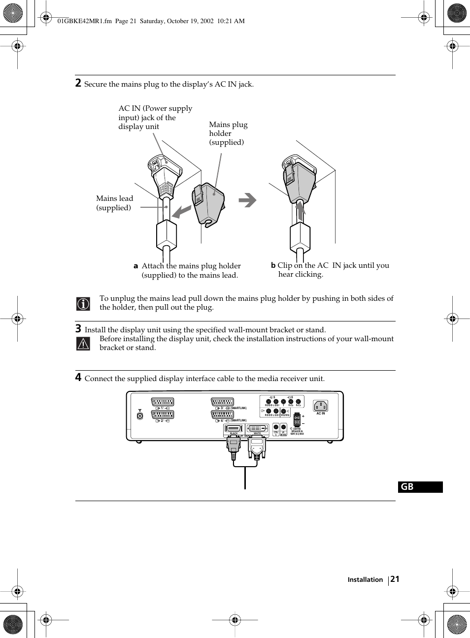 Installation | Sony KE-42MR1 User Manual | Page 21 / 305