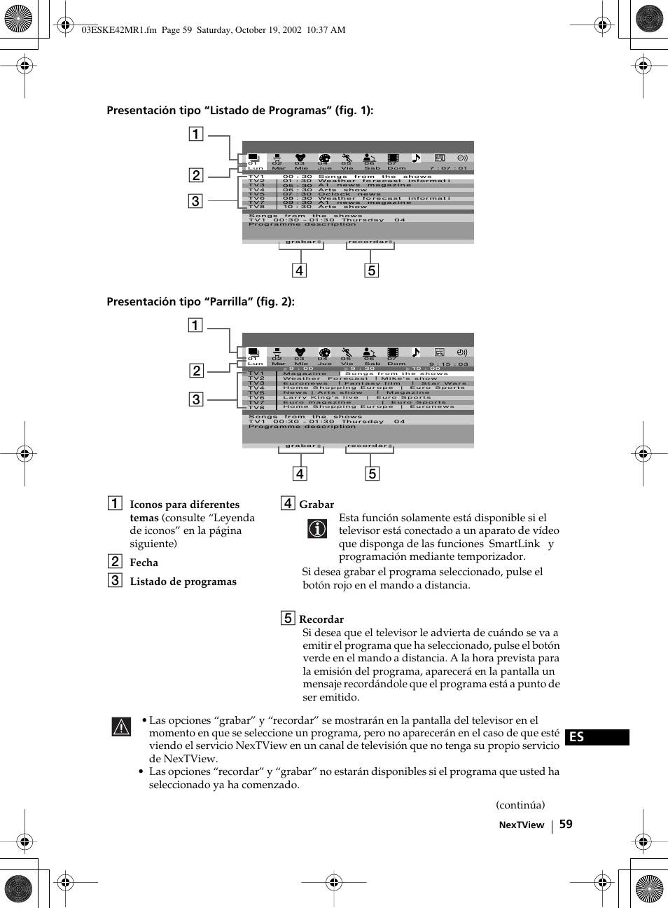 Fecha, Listado de programas, Continúa) | Sony KE-42MR1 User Manual | Page 210 / 305