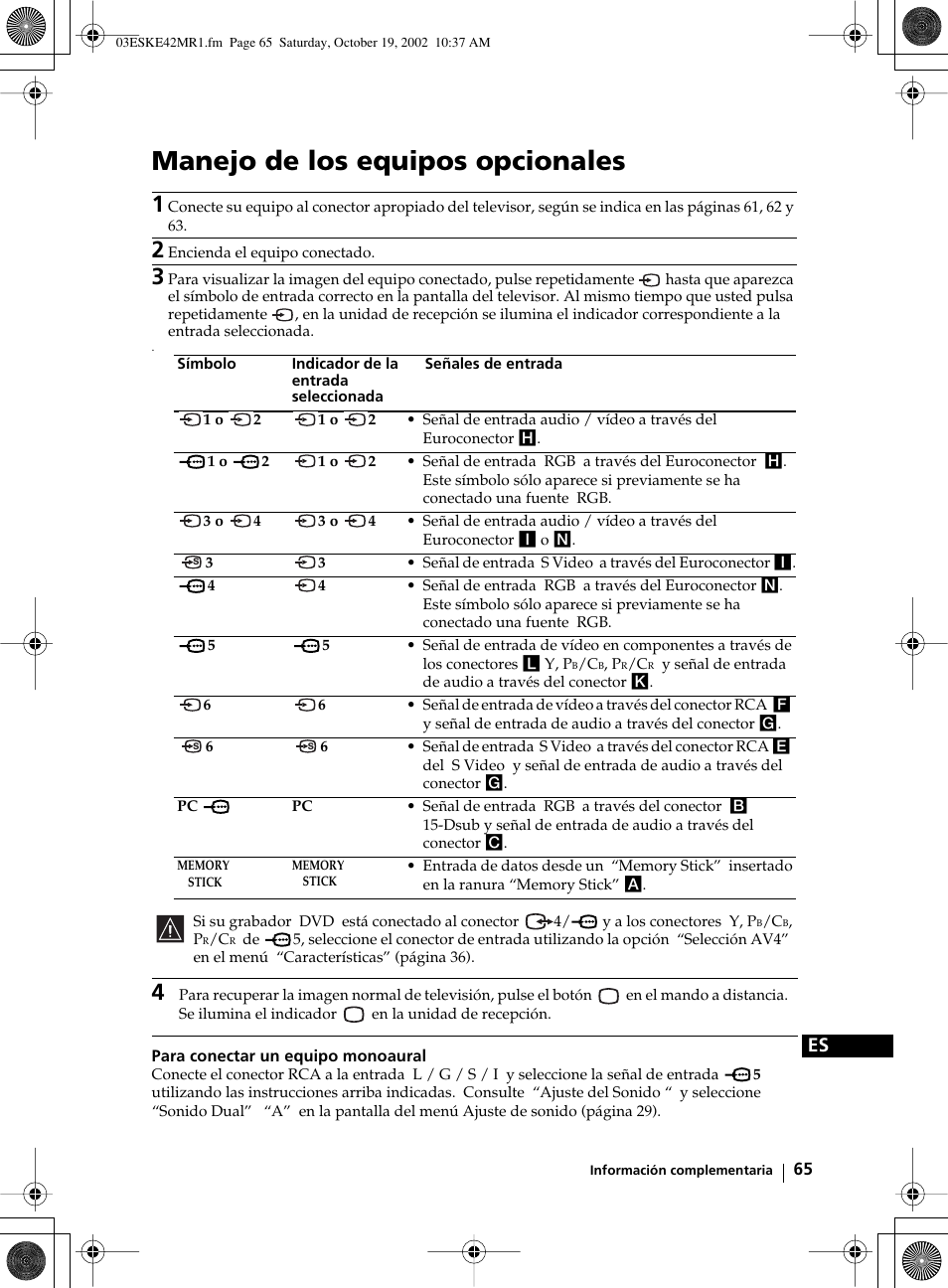 Manejo de los equipos opcionales | Sony KE-42MR1 User Manual | Page 216 / 305