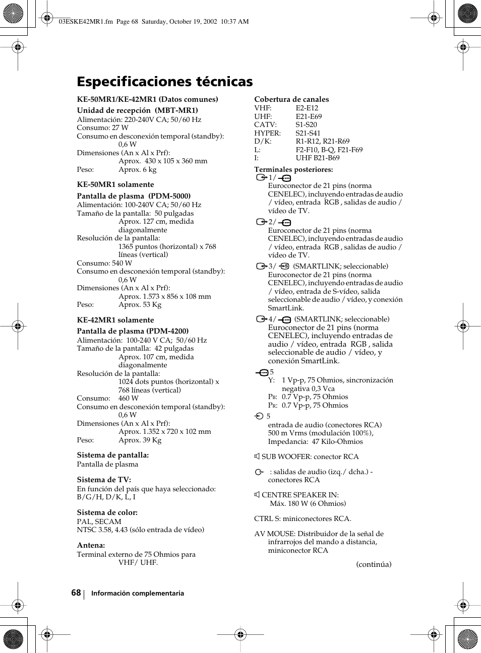 Especificaciones técnicas | Sony KE-42MR1 User Manual | Page 219 / 305