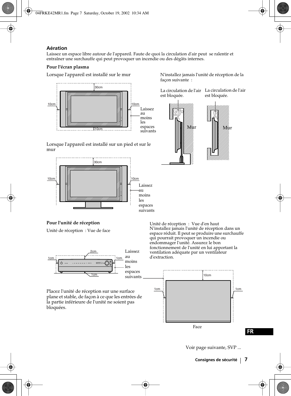 Aération, Pour l'unité de réception, Voir page suivante, svp | Sony KE-42MR1 User Manual | Page 233 / 305