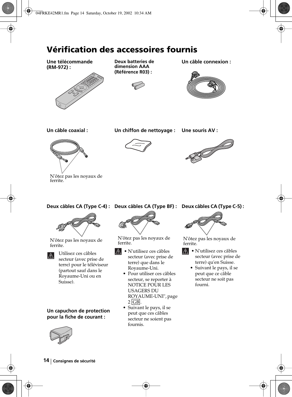 Vérification des accessoires fournis | Sony KE-42MR1 User Manual | Page 240 / 305