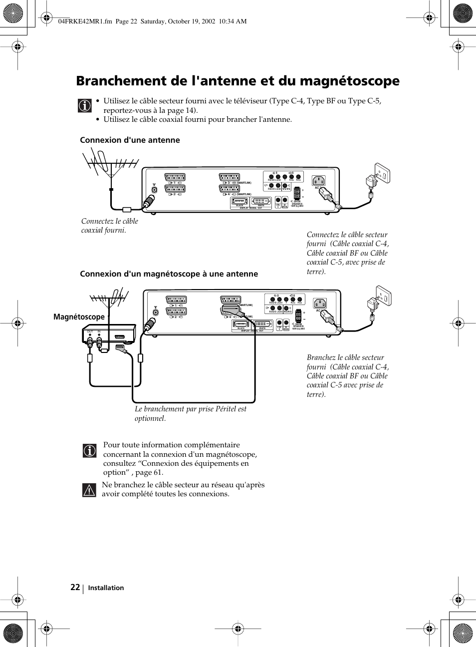 Branchement de l'antenne et du magnétoscope, Magnétoscope, Installation | Sony KE-42MR1 User Manual | Page 248 / 305